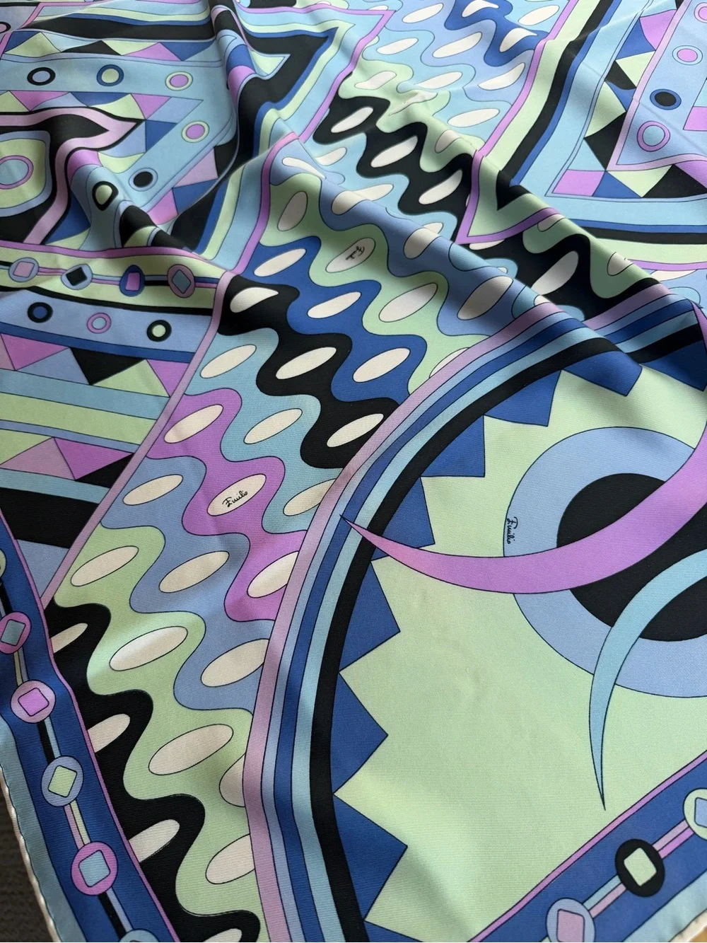 Emilio Pucci Vivara 70s Silk Geometric Pattern Scarf in Blue and Lavender 34x34”